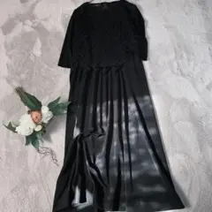 ミズレイコ(M)美品/ロングワンピース/七分袖/長袖/黒/ストレッチ/日本製