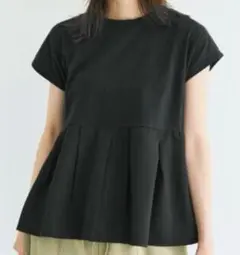 ［coca］＊異素材切り替え＊ペプラムデザイン フレアトップス BLACK/ L