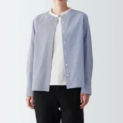 無印良品 MUJI 洗いざらしブロードスタンドカラーシャツ ネイビーストライプ