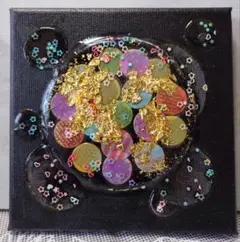 レジンアート「◯まる達」布キャンバス 15×15×1.5cm 木製黒スタンド付