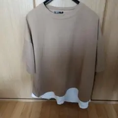 重ね着風ブラウン/ホワイト Tシャツ Lサイズ