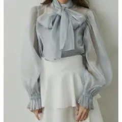 美品【VIOLETTA】オーガンジーリボンブラウス 長袖 ボリューム袖 上品