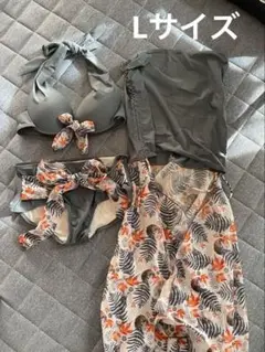 【美品】【体型カバー】グレー ビキニ 花柄カバーアップ セットLサイズ