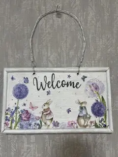 welcomeボード　両面にウサギのデコパージュ