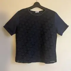 【トップス】ネイビー レース 半袖トップス　M-L