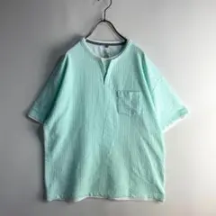 シアサッカー レイヤード 半袖 Tシャツ キーネック 重ね着 ミントグリーン