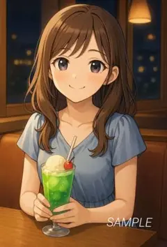 青いドレスの少女とグリーンソーダのキャライラストNo.48