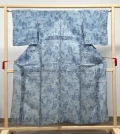 A 夏物 綿紅梅 流れに菖蒲模様 青色 薄物 絽 紗 小紋 着物
