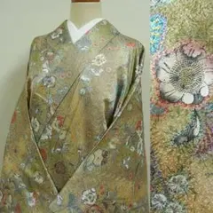 淡黄色と薄柳色のぼかしに絞り風の花鳥 小紋