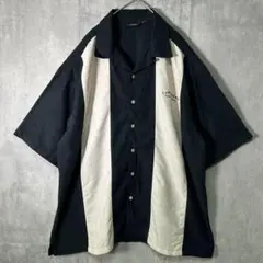 レーヨン 刺繍ロゴ キューバシャツ 黒 オープンカラー 木ボタン ヤシの木
