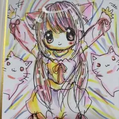手描きイラスト。小色紙。猫と猫耳女の子