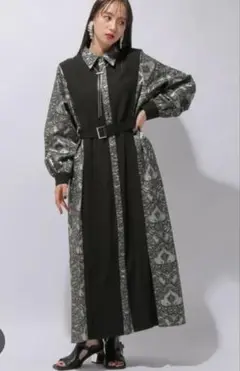 花柄ロングワンピース 長袖 ベルト付き