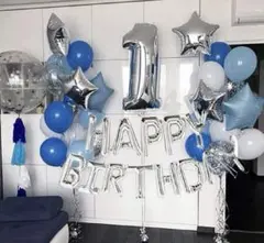 シルバー　ブルー　1歳　誕生日　バルーンセット