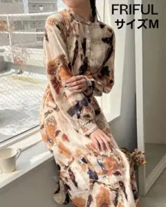 アート風ペイント抽象柄　長袖シャツワンピース Mサイズ　ベージュブラウン系秋
