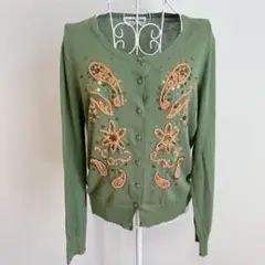 ジョルジュレッシュ 刺繍ビーズ付きオリーブグリーンカーディガン 38 M