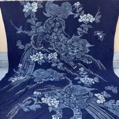 圧巻　超大判　逸品 希少品　木綿 手絞り　藍染　絞り草木染　二匹の獅子 蝶