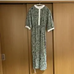RayCassin 花柄半袖ロングワンピース グリーン　ウエストリボン