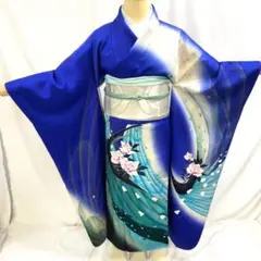 【振袖8】着物 振袖 正絹 袷 着物 薔薇 青 単品販売 ~160.5cm