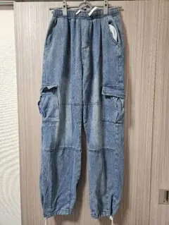 【Shoowtime】ヴィンテージウォッシュ　ワイドカーゴプルオンデニムパンツ