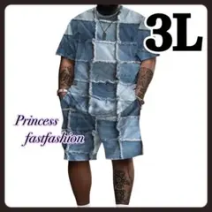 【3L】フェイクデニム プリント柄 半袖Tシャツ＆ショートパンツ 上下セット