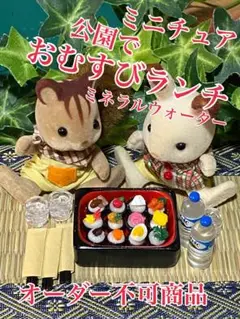 ミニチュア公園でおむすびランチミネラルウォーター