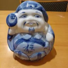 青い陶器の福の神貯金箱