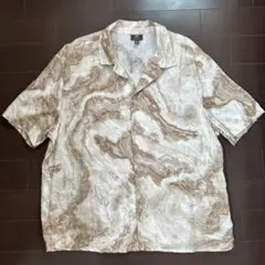 【美品】H&M マーブル総柄 開襟半袖シャツ XLサイズ ブラウン