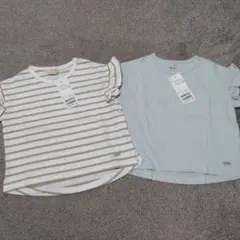 プティマイン　袖フリルTシャツ2枚セット　水色　ボーダー　100