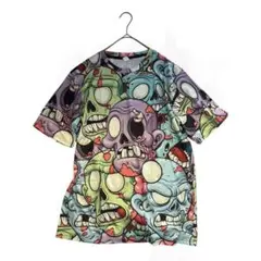 ゾンビ、ガイコツフェイスの総柄　半袖Tシャツ奇抜L丸襟カラフル個性