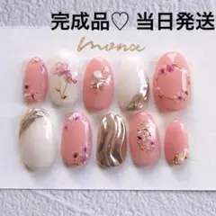 現品●サーモンピンク成人式ネイルチップ振袖ブライダル前撮りワイヤー和装韓国押し花