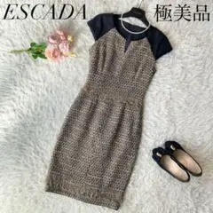 新品同様♡ESCADA ひざ丈ワンピース ツイード ラメ ゴールド チャコール