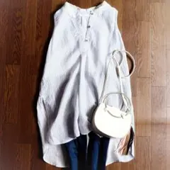美品✨ワイズ for living リネンブルーストライプ柄シャツ ノースリーブ