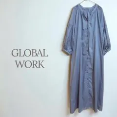 ★グローバルワーク★シャツワンピース ブルー コットン100% パフスリーブ