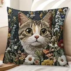 新品 クッションカバー 刺繍風 プリント 猫 ネコ 動物 リアル かわいい 花畑