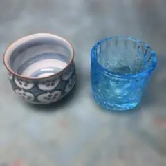 最終値下げ、青色ガラスと花柄陶器のぐい呑みセット