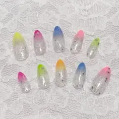 にじいろ♡ネイルチップ♡キラキラ♡夏♡透け感♡黄色♡青♡オレンジ♡緑♡推し活
