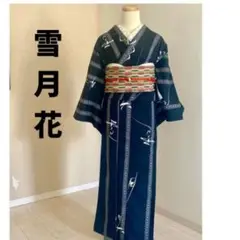 着物小紋　黒　雪月花柄 帯差し上げます　裄65身丈155 袷