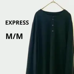 海外古着 EXPRESS 長袖 カットソー M ボタン ブラック 無地 メンズ