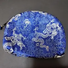 青色 龍と花柄 ポーチ