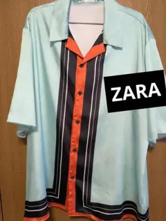 ZARA ストライププリントシャツ ターコイズブルー uesd 美品 XL