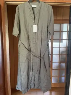 カーキ リネン混合 シャツワンピース 半袖　新品