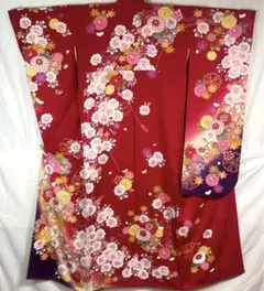 振袖 花模様 レッド 正絹 着物 袷 極美品