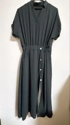 美品　半袖　シャツ　ロングワンピース　プリーツ　ネイビー　フリーサイズ