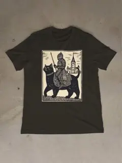 「中世騎士と黒猫」 個性派デザイン 騎士猫 レトロ風 Tシャツ L