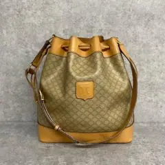 極上美品 セリーヌ マカダム ブラゾン 柄 巾着 レザー ショルダーバッグ 茶