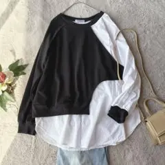 美品(L)長袖シャツ/ドッキング/ロンT/異素材/ストレッチ/プルオーバー/黒