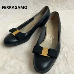フェラガモ ヴィラ リボン レザー パンプス ゴールド金具 黒 23.5cm