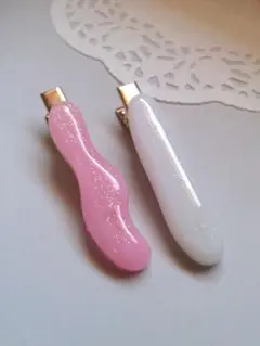 ハンドメイド　レジン　ラメ入り仕上げヘアクリップ 2本セット　ピンク　ホワイト