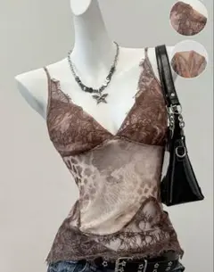 SHEIN EZwearレオパード柄レースコントラストメッシュキャミソール
