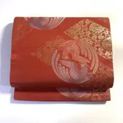 2m1952 名古屋帯 絹 九寸名古屋帯 赤 金色 青 鳥 花柄 和装 着物